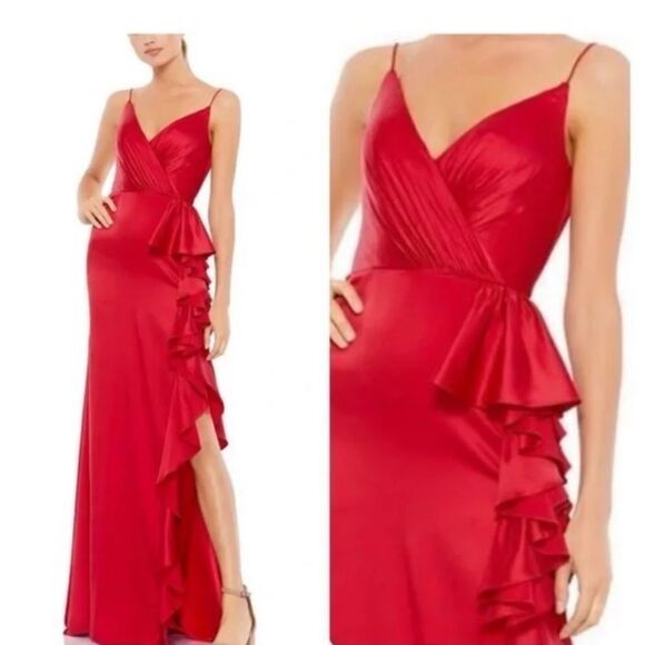 Mac Duggal 67815 Satin Ruffle Asymmetrical Gown Red | Size 8 - Picture 4 of 9